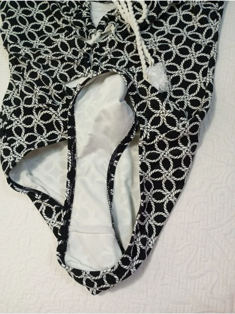 Michael Kors Black & White Rope Print One-Piece Swimsuit Sz 12 Tassel Tie Front